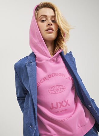 JJXX Kapüşon Yaka Baskılı Pembe Kadın Sweatshırt JXNOLA RLX LS SHORT HOOD SWT