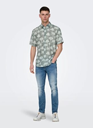 Only & Sons Normal Su Yeşili Desenli Erkek Gömlek ONSBRONX REG AOP POPLIN SS SHIRT