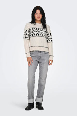 Only Kadın Onlmarent Sıfır Yaka Uzun Kollu Desenli Örme Kazak 15314887 Ekru