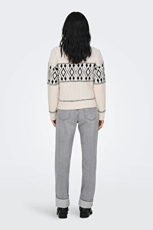 Only Kadın Onlmarent Sıfır Yaka Uzun Kollu Desenli Örme Kazak 15314887 Ekru