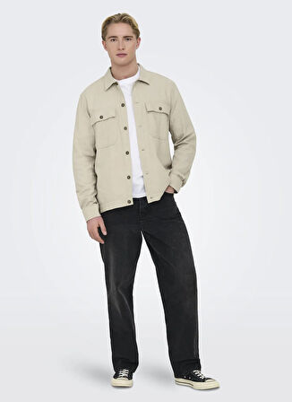 Only & Sons Normal Ekru Düz Erkek Gömlek ONSKENNET LS LINEN OVERSHIRT NOOS