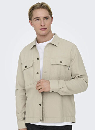 Only & Sons Normal Ekru Düz Erkek Gömlek ONSKENNET LS LINEN OVERSHIRT NOOS