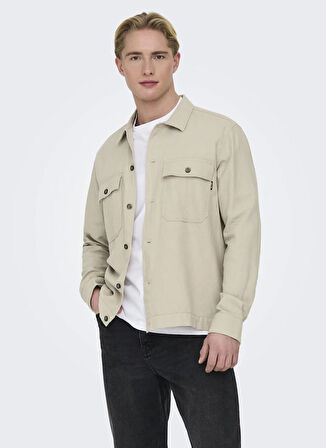 Only & Sons Normal Ekru Düz Erkek Gömlek ONSKENNET LS LINEN OVERSHIRT NOOS