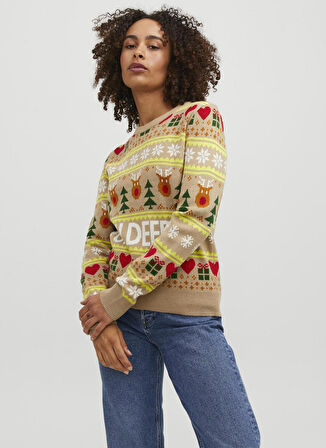 JJXX Bisiklet Yaka Normal Desenli Deve Tüyü Kazak Kadın JXMAS CREW NECK KNIT