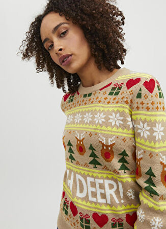 JJXX Bisiklet Yaka Normal Desenli Deve Tüyü Kazak Kadın JXMAS CREW NECK KNIT