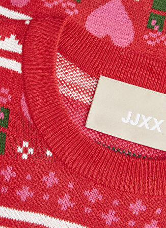 JJXX Bisiklet Yaka Normal Desenli Kırmızı Kazak Kadın JXMAS CREW NECK KNIT