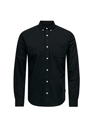 Only & Sons Dar Siyah Düz Erkek Gömlek ONSREMY LS SLIM WASH OXFORD SHIRT