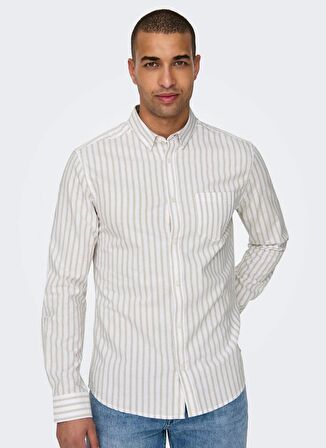 Only & Sons Slim Fit Açık Kahve Çizgili Erkek Gömlek ONSALVARO SLIM LS OXFORD STRIPE SHI