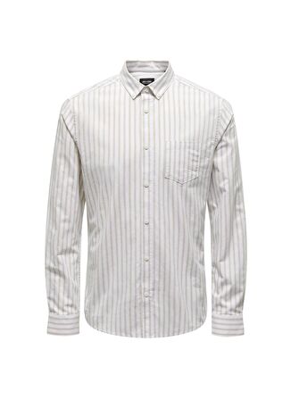 Only & Sons Slim Fit Açık Kahve Çizgili Erkek Gömlek ONSALVARO SLIM LS OXFORD STRIPE SHI