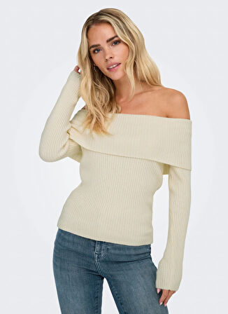 Only Tek Omuz Yaka Normal Düz Krem Kazak Kadın ONLKATIA LS OFF SHOULDER KNT NOOS