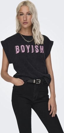 Only ONLDAHLIA S/S TEXT FOLD-UP TOP BOX JRS Siyah Kadın T-Shirt 15316644