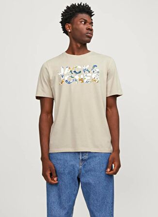 Jack & Jones Yuvarlak Yaka Krem Erkek T-Shirt JJEJEFF CORP LOGO TEE SS O-NECK SN