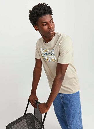 Jack & Jones Yuvarlak Yaka Krem Erkek T-Shirt JJEJEFF CORP LOGO TEE SS O-NECK SN