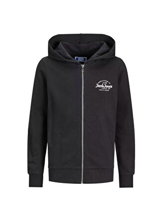 Jack & Jones Baskılı Erkek Genç  Siyah Sweatshırt JJFOREST SWEAT ZIP HOOD JNR