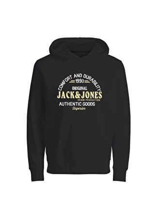 Jack & Jones Baskılı Erkek Siyah Sweatshırt JJMINDS SWEAT HOOD JNR