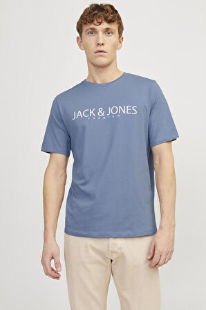 Jack & Jones Erkek Jprblajack Baskı Detaylı Bisiklet Yaka %100 Pamuk T-Shirt 12256971 Mavi