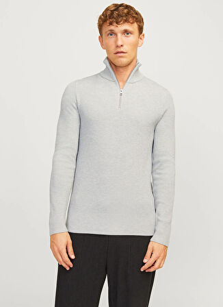 Jack & Jones Bisiklet Yaka A-Form Fit Gri Erkek Kazak 12257773_JJEPERFECT KNIT HALF ZIP S