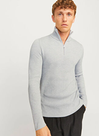 Jack & Jones Bisiklet Yaka A-Form Fit Gri Erkek Kazak 12257773_JJEPERFECT KNIT HALF ZIP S