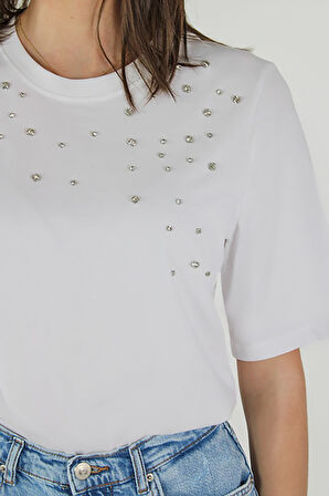 Only Kadın Onljulıa Bisiklet Yaka Taş Detaylı %100 Pamuk T-Shirt 15324847 Beyaz