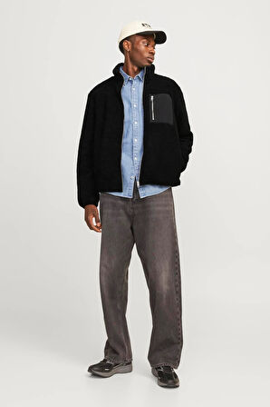 Jack & Jones Erkek Fermuarlı Siyah Sweat Polar Ceket - 12258417