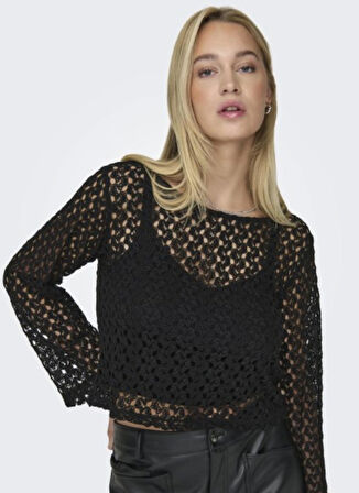 Only O Yaka Normal Transparan Siyah Kazak Kadin ONLLION L/S TOP JRS