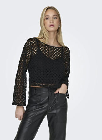 Only O Yaka Normal Transparan Siyah Kazak Kadin ONLLION L/S TOP JRS