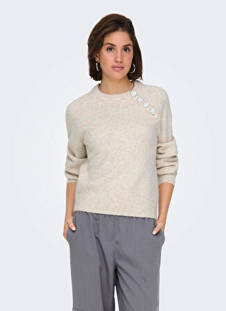 Only O Yaka Normal Düz Açık Kahve Kazak Kadın ONLLAUREN LIFE LS O-NECK BUTTON KNT