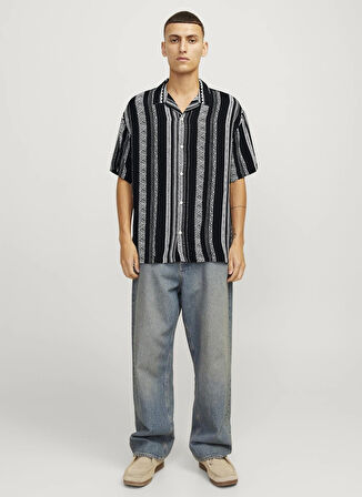 Jack & Jones Rahat Siyah Erkek Gömlek JORLUKE AZTEC RESORT SHIRT SS SMU