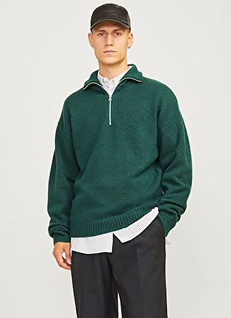 Jack & Jones Dik Yaka Relaxed Koyu Yeşil Erkek Kazak 12241817_JOROLLIE KNIT HALF ZIP SN