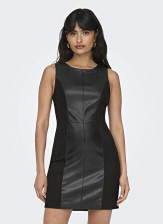 Only O Yaka Düz Siyah Standart Kadın Elbise ONLRAFIA FAUX LEATHER MIX DRESS OTW