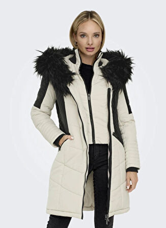 Only Ekru Kadın Kaban ONLNEWLINETTE FUR HOOD COAT OTW