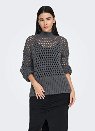 Only Dik Yaka Normal Örgü Desenli Antrasit Kazak Kadın ONLBILLIE LIFE L/S HIGNECK CC KNT