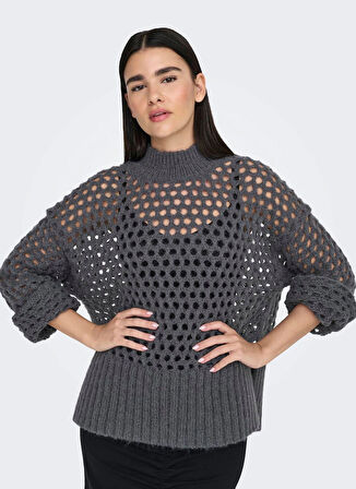 Only Dik Yaka Normal Örgü Desenli Antrasit Kazak Kadın ONLBILLIE LIFE L/S HIGNECK CC KNT