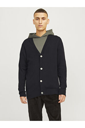 Jack & Jones Erkek Siyah Düğmeli Hırka Strickjacke Einfarbig - 12257492