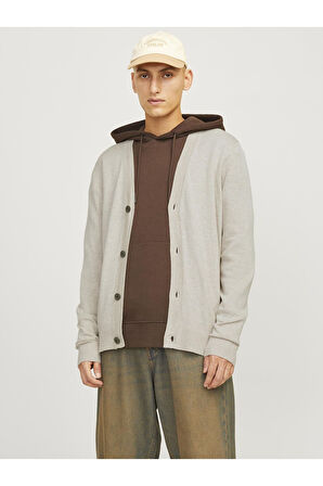 Jack & Jones Erkek Strickjacke Einfarbig Bej Düğmeli Hırka - 12257492