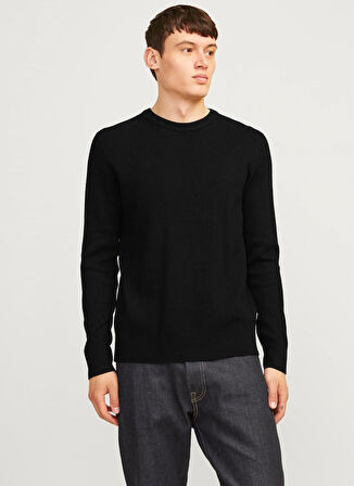 Jack & Jones Dik Yaka Fitted Siyah Erkek Kazak 12257771_JJEPERFECT KNIT CREW NECK