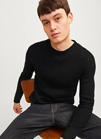 Jack & Jones Dik Yaka Fitted Siyah Erkek Kazak 12257771_JJEPERFECT KNIT CREW NECK