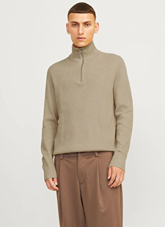 Jack & Jones Bisiklet Yaka A-Form Fit Bej Erkek Kazak 12257773_JJEPERFECT KNIT HALF ZIP S