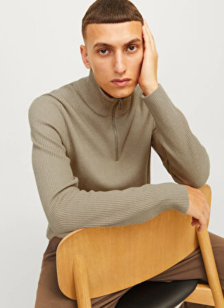 Jack & Jones Bisiklet Yaka A-Form Fit Bej Erkek Kazak 12257773_JJEPERFECT KNIT HALF ZIP S