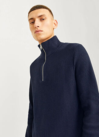 Jack & Jones Bisiklet Yaka A-Form Fit Lacivert Erkek Kazak 12257773_JJEPERFECT KNIT HALF ZIP S
