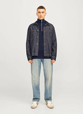 Jack & Jones Bisiklet Yaka A-Form Fit Lacivert Erkek Kazak 12257773_JJEPERFECT KNIT HALF ZIP S