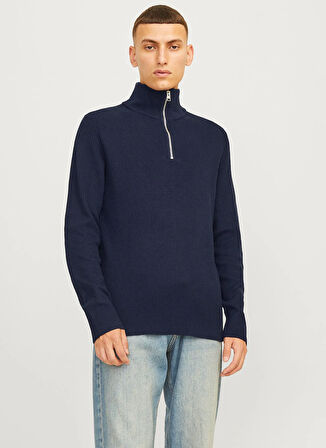Jack & Jones Bisiklet Yaka A-Form Fit Lacivert Erkek Kazak 12257773_JJEPERFECT KNIT HALF ZIP S