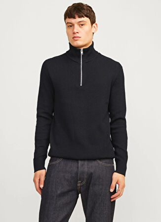 Jack & Jones Bisiklet Yaka A-Form Fit Siyah Erkek Kazak 12257773_JJEPERFECT KNIT HALF ZIP S