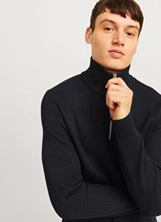 Jack & Jones Bisiklet Yaka A-Form Fit Siyah Erkek Kazak 12257773_JJEPERFECT KNIT HALF ZIP S
