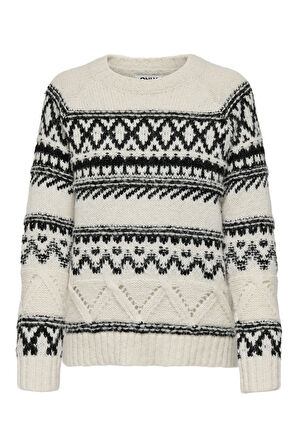 Only Kadın Onlshırly Bisiklet Yaka Uzun Kollu Desenli Örme Kazak 15327644 Ekru