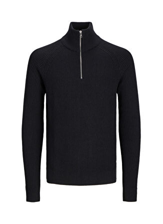 Jack & Jones Dik Yaka Regular Fit Siyah Erkek Kazak 12258473_JJPANNEL KNIT HALF ZIP AW2