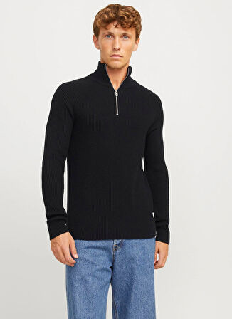 Jack & Jones Dik Yaka Regular Fit Siyah Erkek Kazak 12258473_JJPANNEL KNIT HALF ZIP AW2