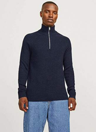 Jack & Jones Dik Yaka Regular Fit Lacivert Erkek Kazak 12258473_JJPANNEL KNIT HALF ZIP AW2