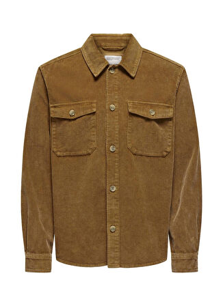 Only & Sons Rahat Kahve Düz Erkek Gömlek ONSMARLON 8W WASH CORD OVERSHIRT
