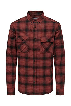 Only & Sons Erkek Onsmatt Uzun Kollu Regular Fit %100 Pamuk Gömlek 22030127 Kırmızı
